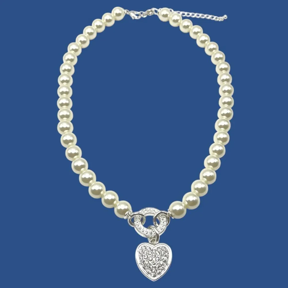 Avon Heart Pendant Necklace Silver Tone Pave Rhinestone Imitation Pearl Gloria